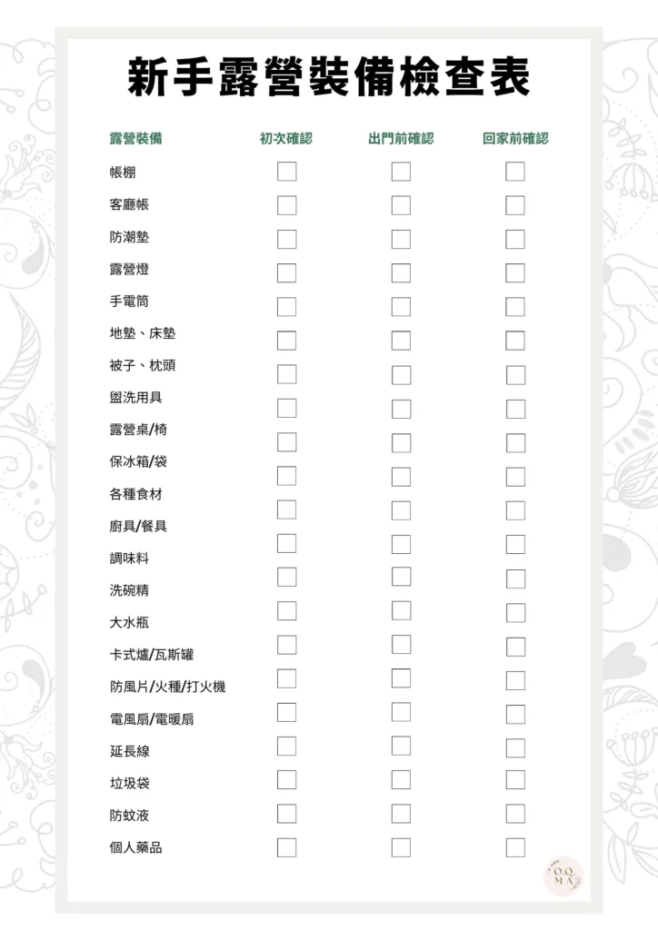 新手露營裝備檢查表